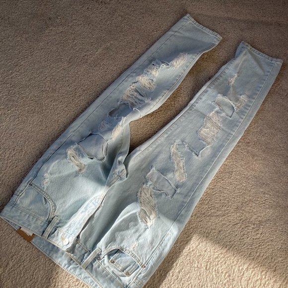 Light Blue Straight Leg Distressed Jeans - Picture 7 of 15